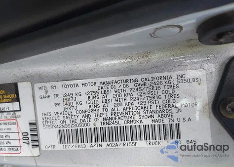 2006 Toyota Tacoma из США, поврежденный, VIN 5TEUX42N96Z209100